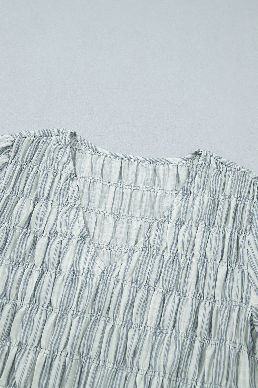 *Blue Stripe V Neck Shirred Long Sleeve Blouse