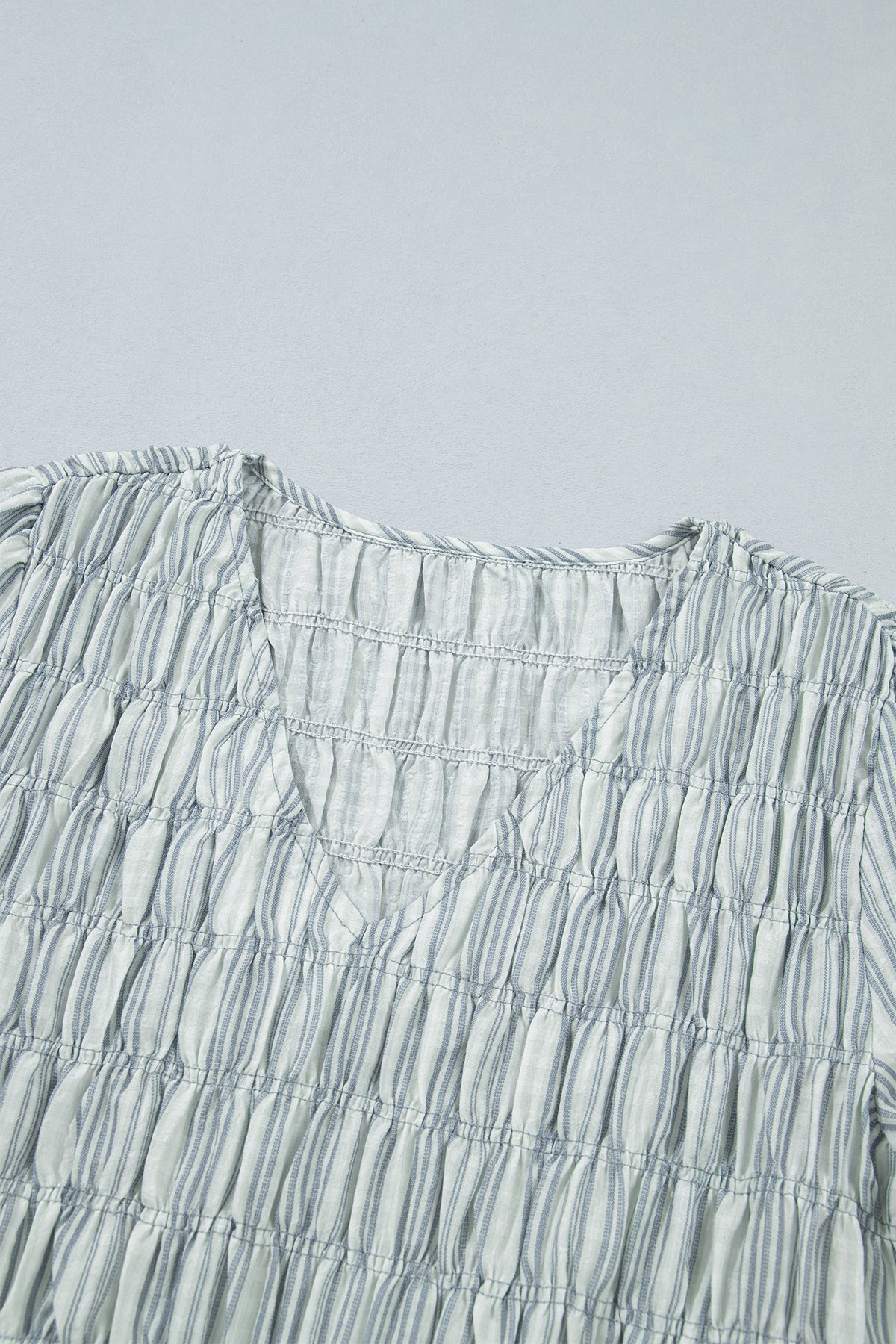 *Blue Stripe V Neck Shirred Long Sleeve Blouse