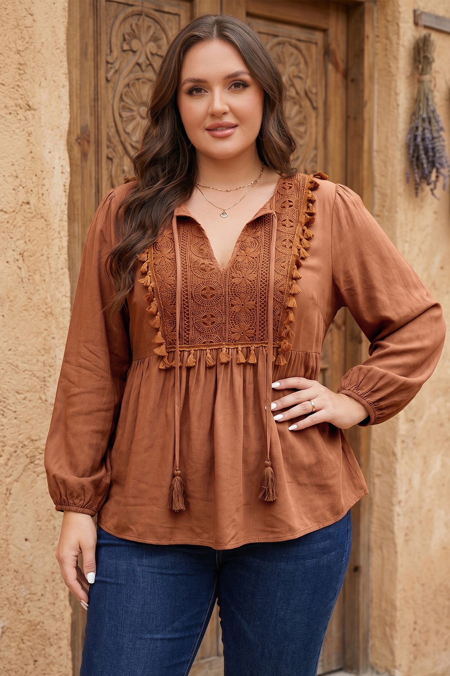 *Chestnut Boho V Neck Embroidered Tassel Long Sleeve Plus Size Blouse