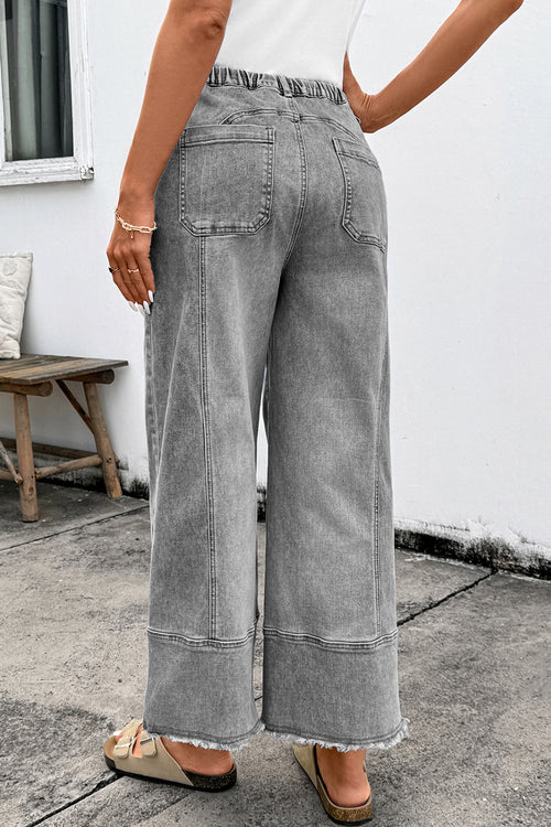 *Gray Drawstring Seam Detail Raw Hem Wide Leg Denim Pants