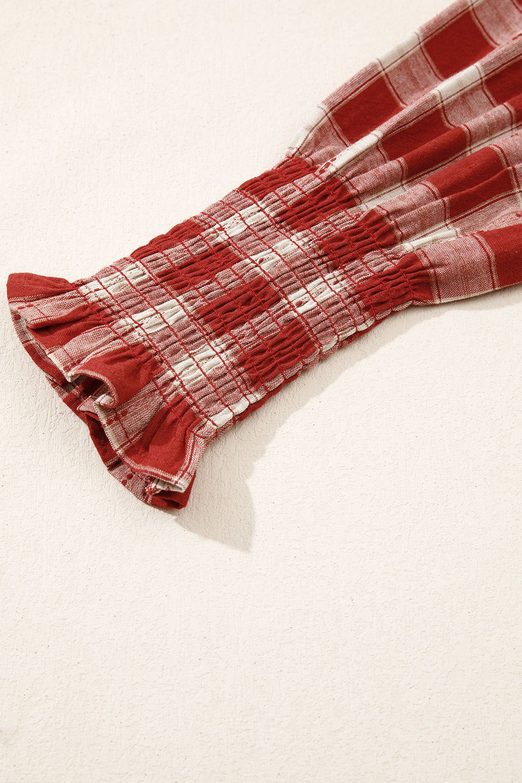 *Red Plaid Print Smocked Puff Sleeve Mini Dress