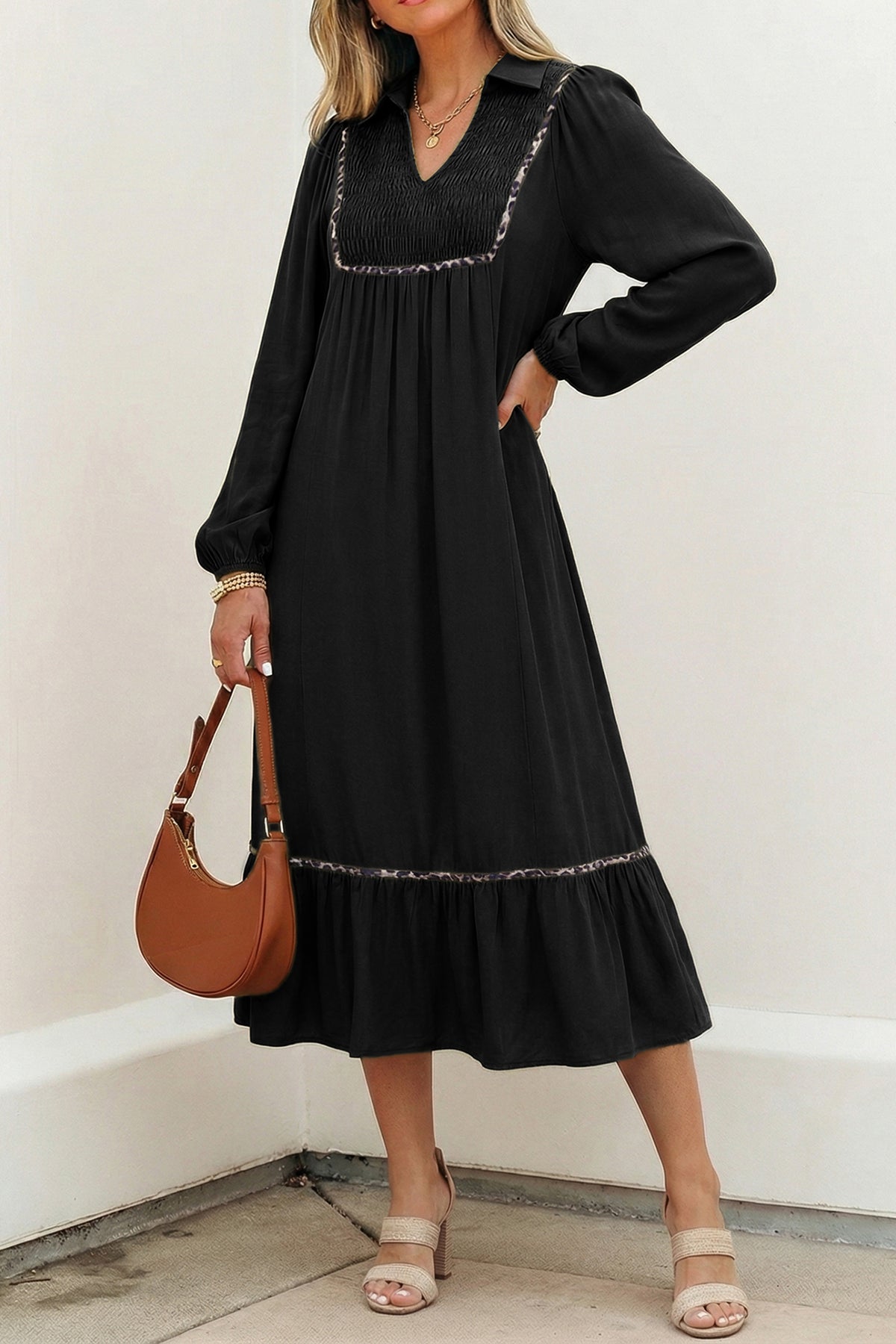 *Four Leaf Clover Collared V Neck Smocked Detail Contrast Leopard Trim Bracelet Sleeve Long Dress