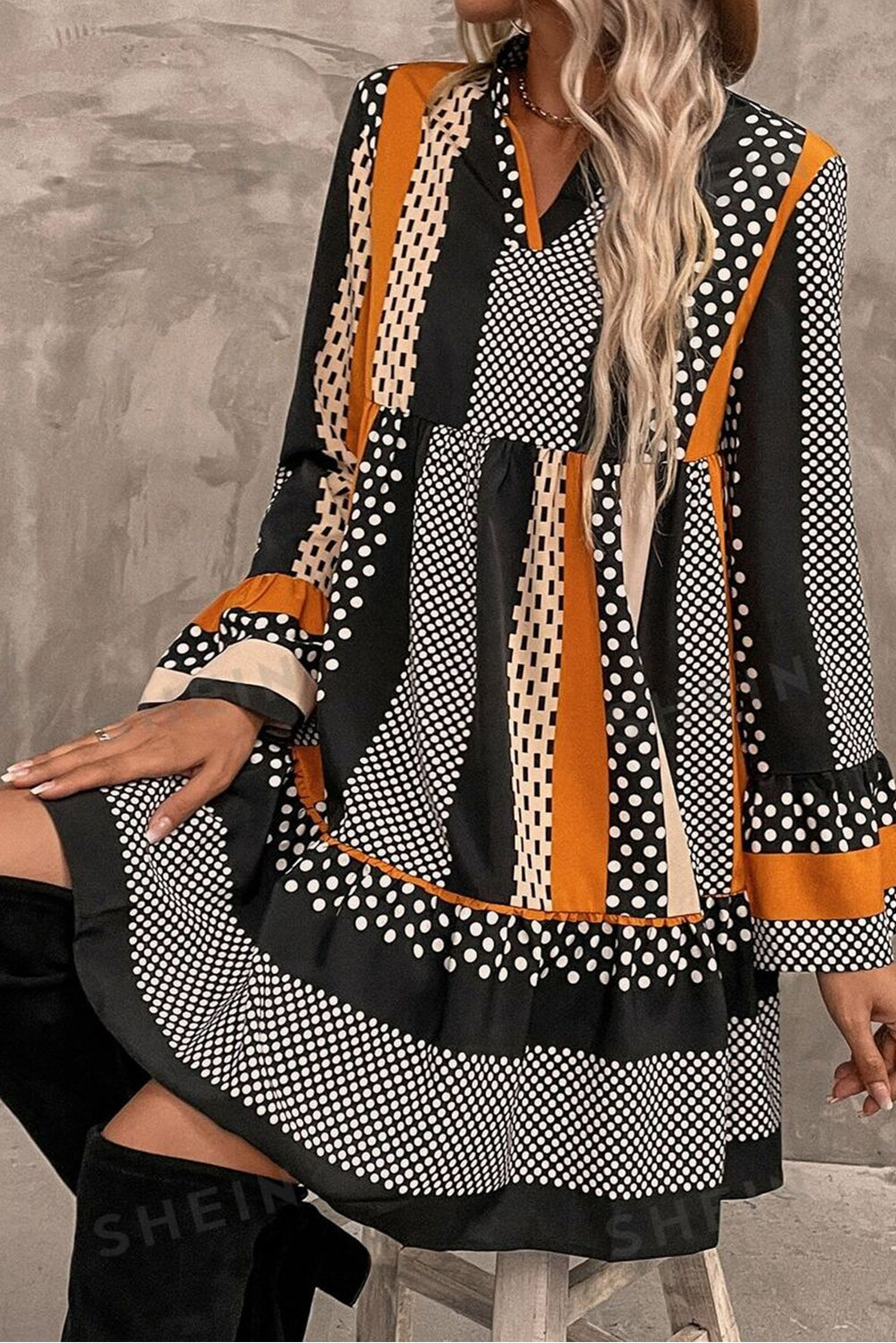 *Black Striped Polka Dot Print Ruffled Hem V Neck Mini Dress