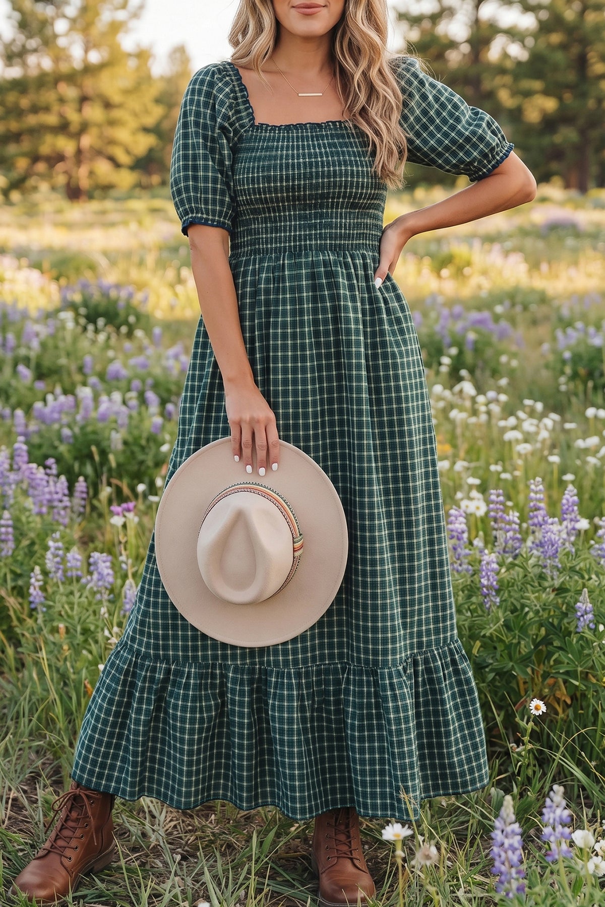 *Green Plaid Square Neck Shirred High Waist Ruffle Hem Dress