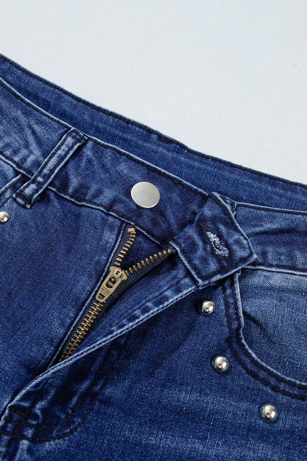 *Navy Blue Studded Detail Straight Leg Casual Loose Jeans