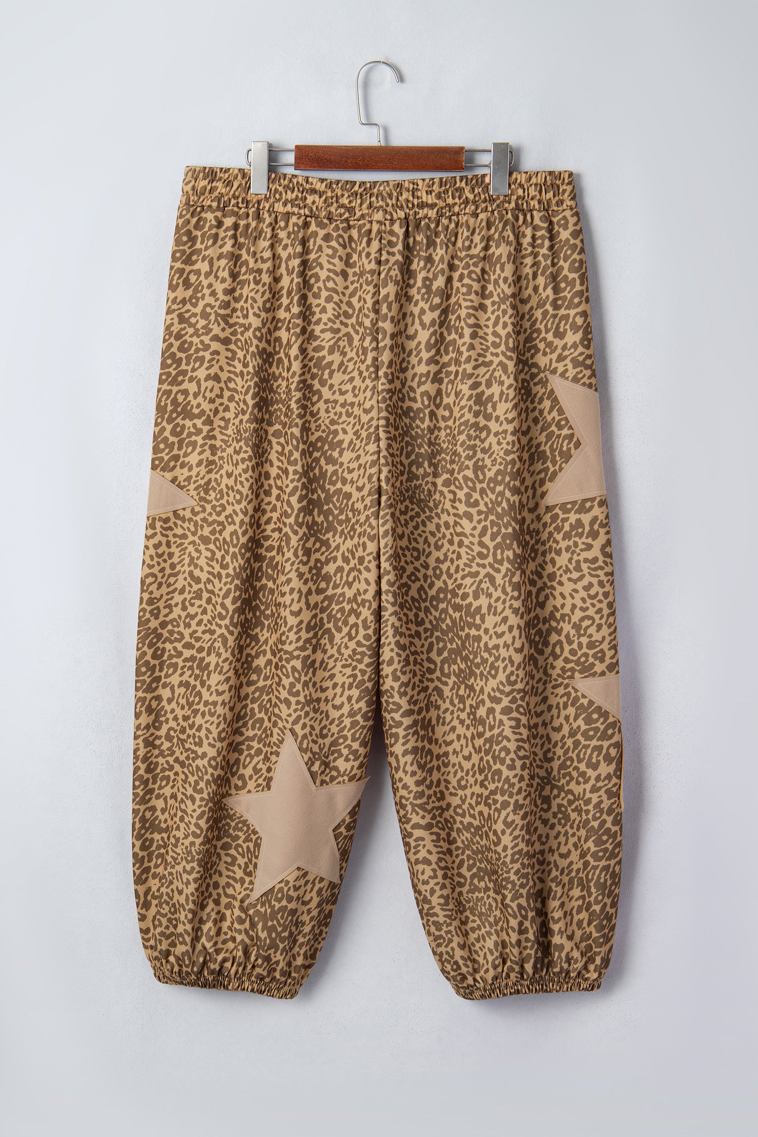 *Khaki Plus Size Leopard Print Western Star Patched Jogger Pants