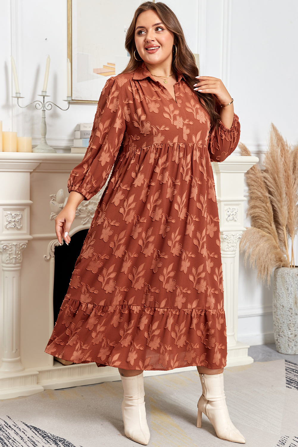 *Cinnamon Plus Size Textured 3D Flower Pattern Ruffle Hem 3/4 Sleeve Long Dress