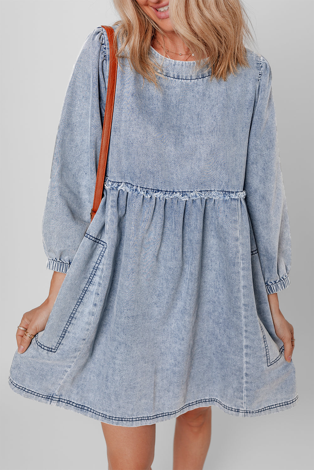 *Beau Blue Light Wash High Waist Loose Fit Denim Mini Dress
