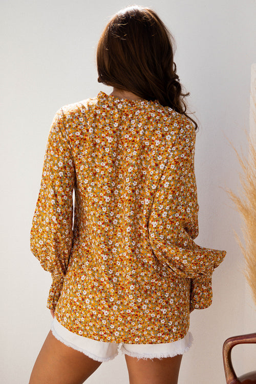 *Orange Boho Floral Ruffled Bubble Sleeve V Neck Fall Blouse