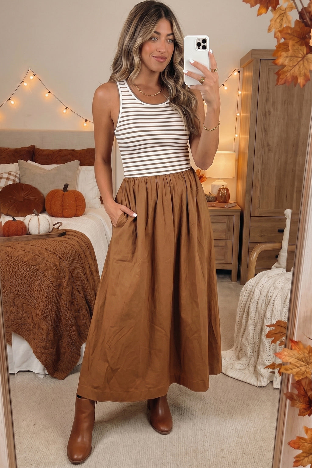 *Chestnut Striped Colorblock Patchwork Sleeveless Casual Long Dress