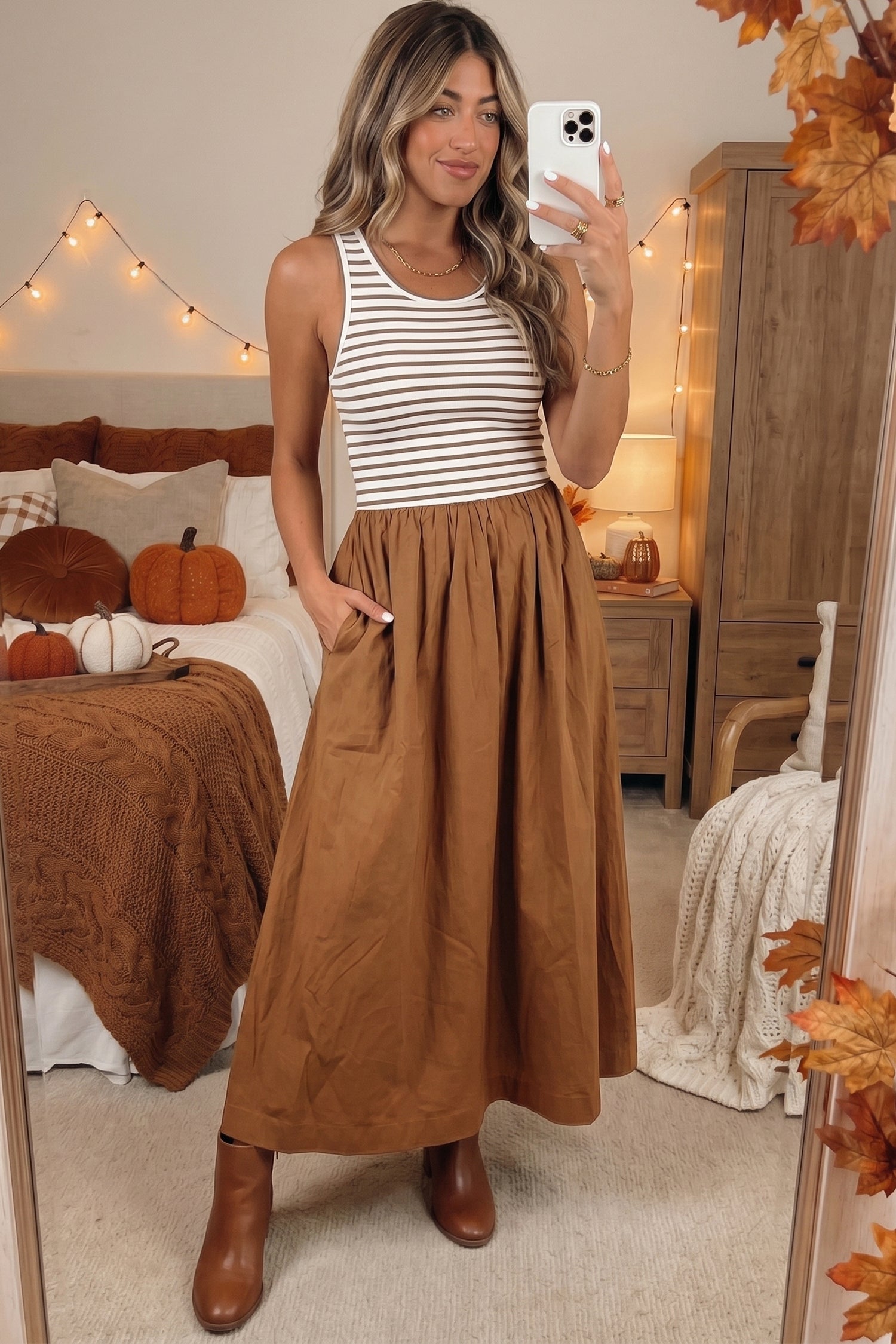 *Chestnut Striped Colorblock Patchwork Sleeveless Casual Long Dress