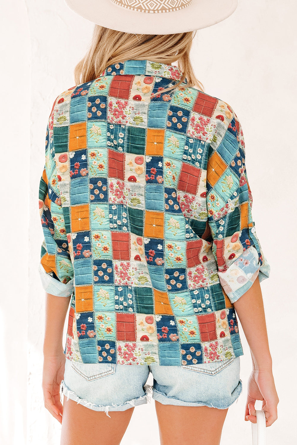 *Sky Blue Floral Collared V Neck Roll up Sleeve Shift Blouse