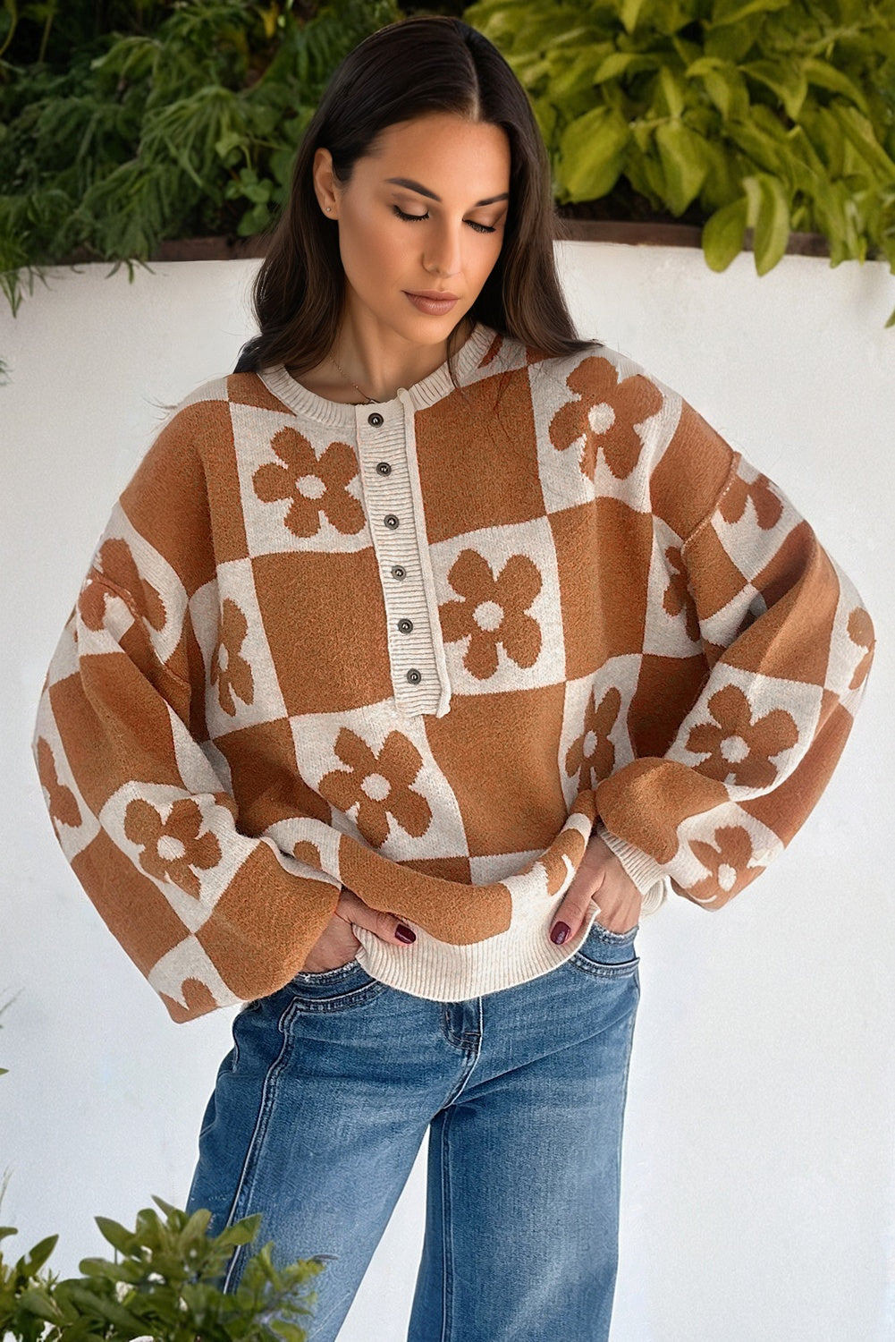 *Red Dahlia Flower Plaid Henley Baggy Sweater