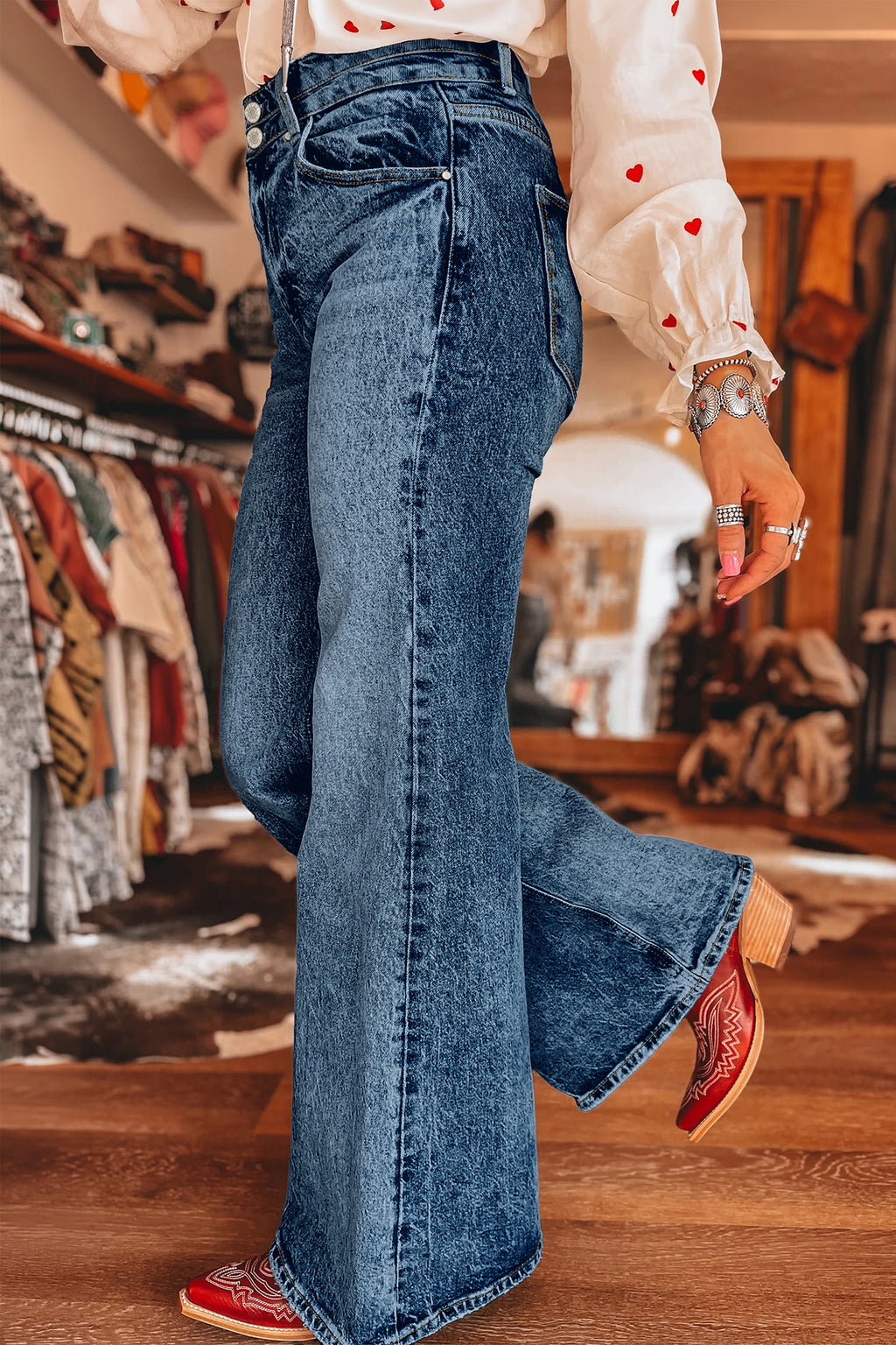 *Sail Blue Acid Wash Pocket Detail Flare Jeans