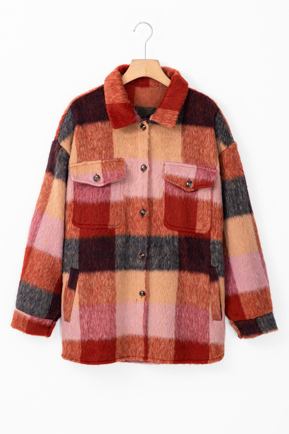 *Orange Plaid Print Flap Pockets Buttoned Casual Plus Size Jacket