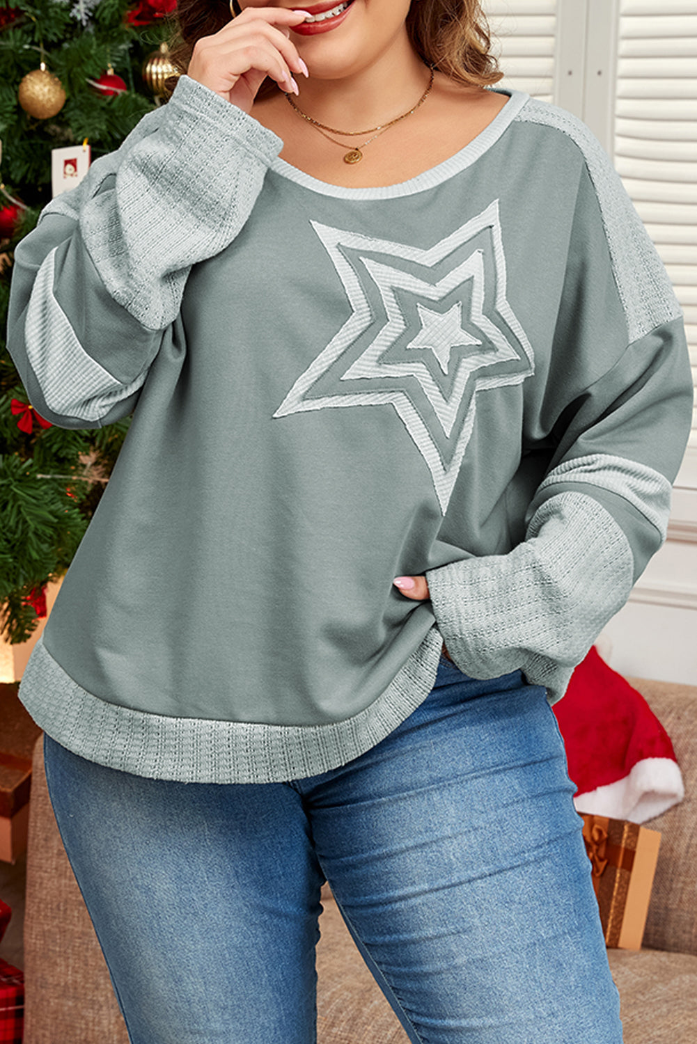 *Mist Green Stars Patchwork Round Neck Plus Size T Shirt