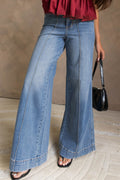 *Dusk Blue Piping Seam Detail Flare Leg Pocket Jeans