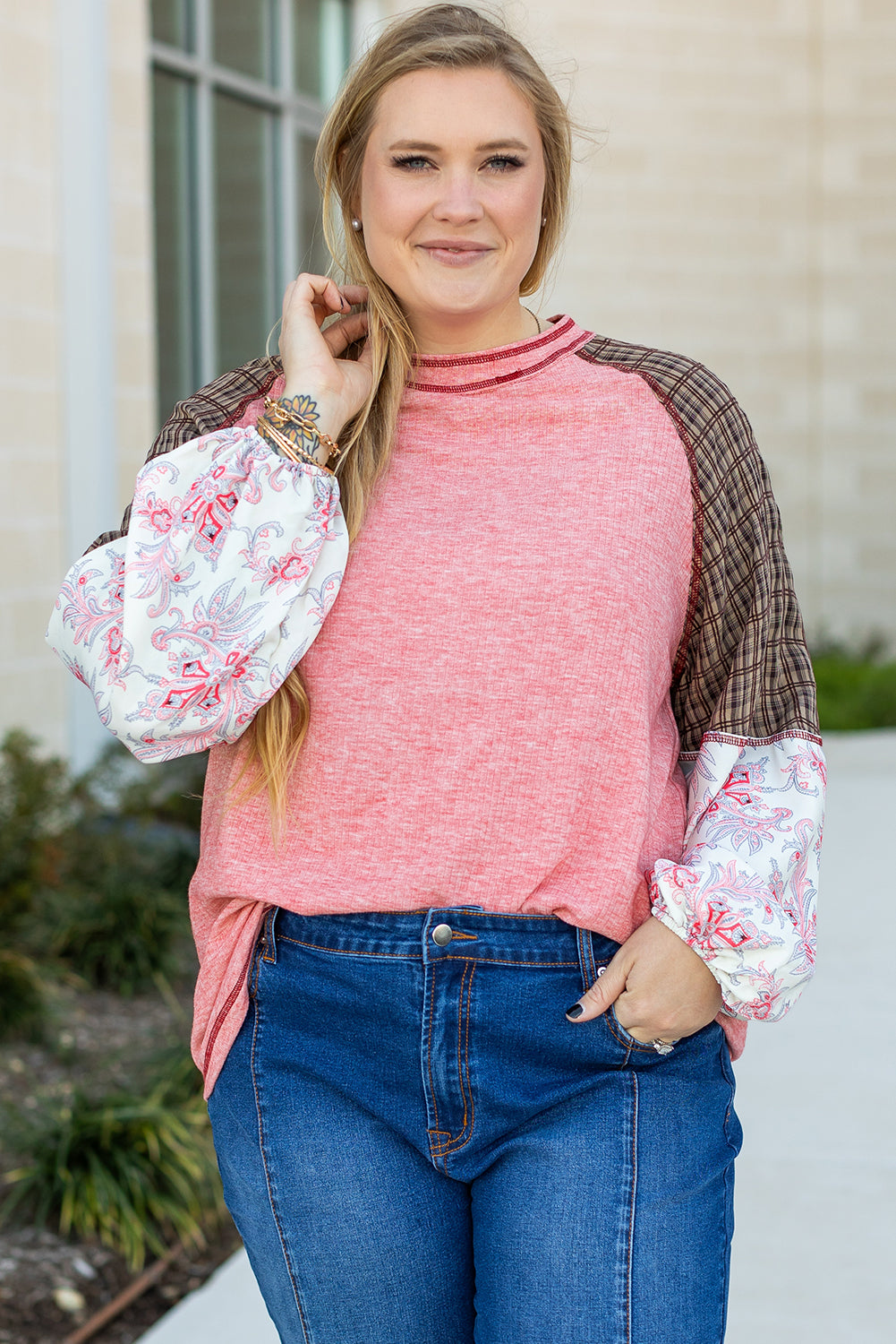 *Pink Checkered Paisley Patchwork Raglan Sleeve Seamed Plus Size Top