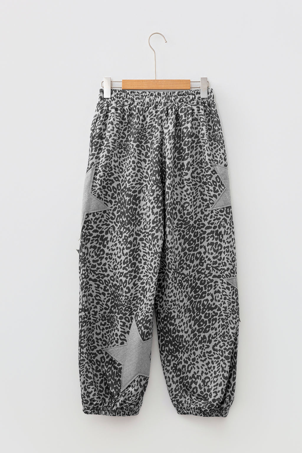 *Gray Leopard Print Star Patched Drawstring Elastic Waist Jogger Pants