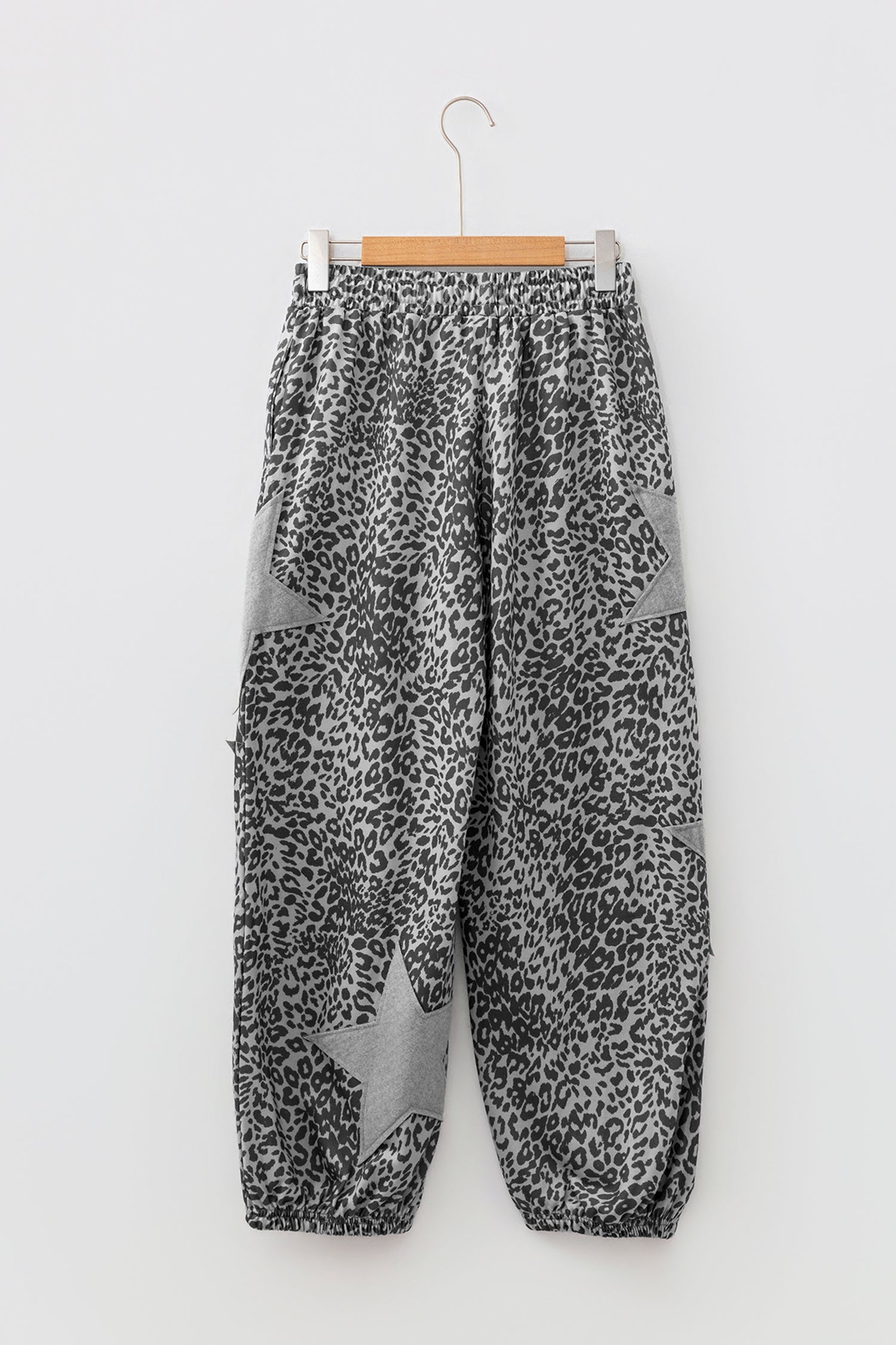 *Gray Leopard Print Star Patched Drawstring Elastic Waist Jogger Pants