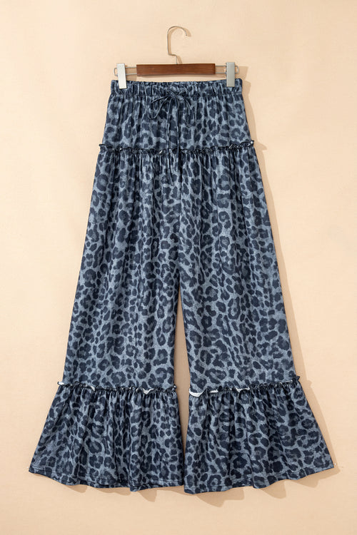 *Gray Wild Leopard Print Frilled Detail Drawstring Wide Leg Pants