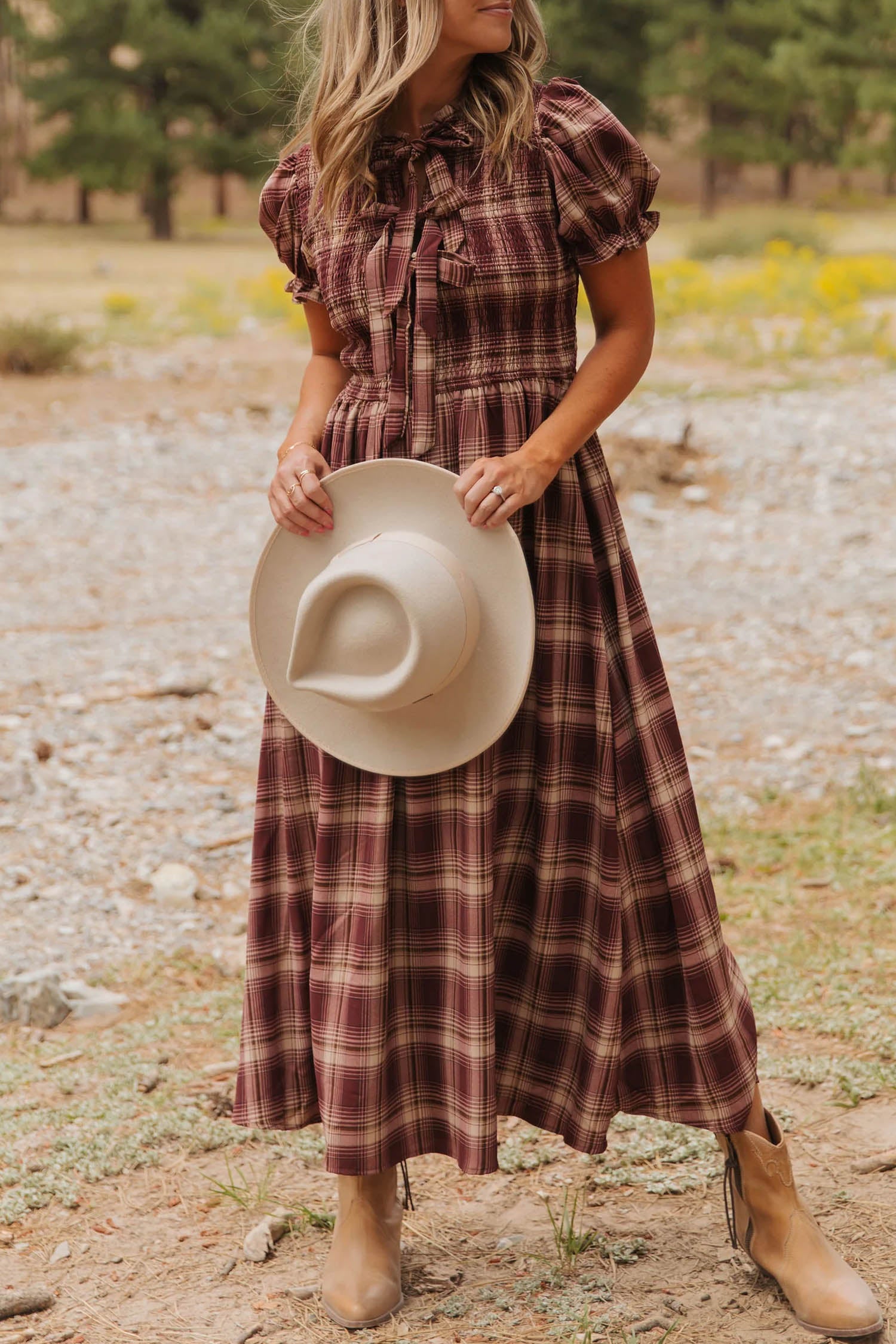 *Red Vintage Plaid Knot Front Smocked High Waist Midi Dress