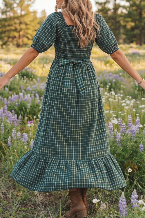*Green Plaid Square Neck Shirred High Waist Ruffle Hem Dress