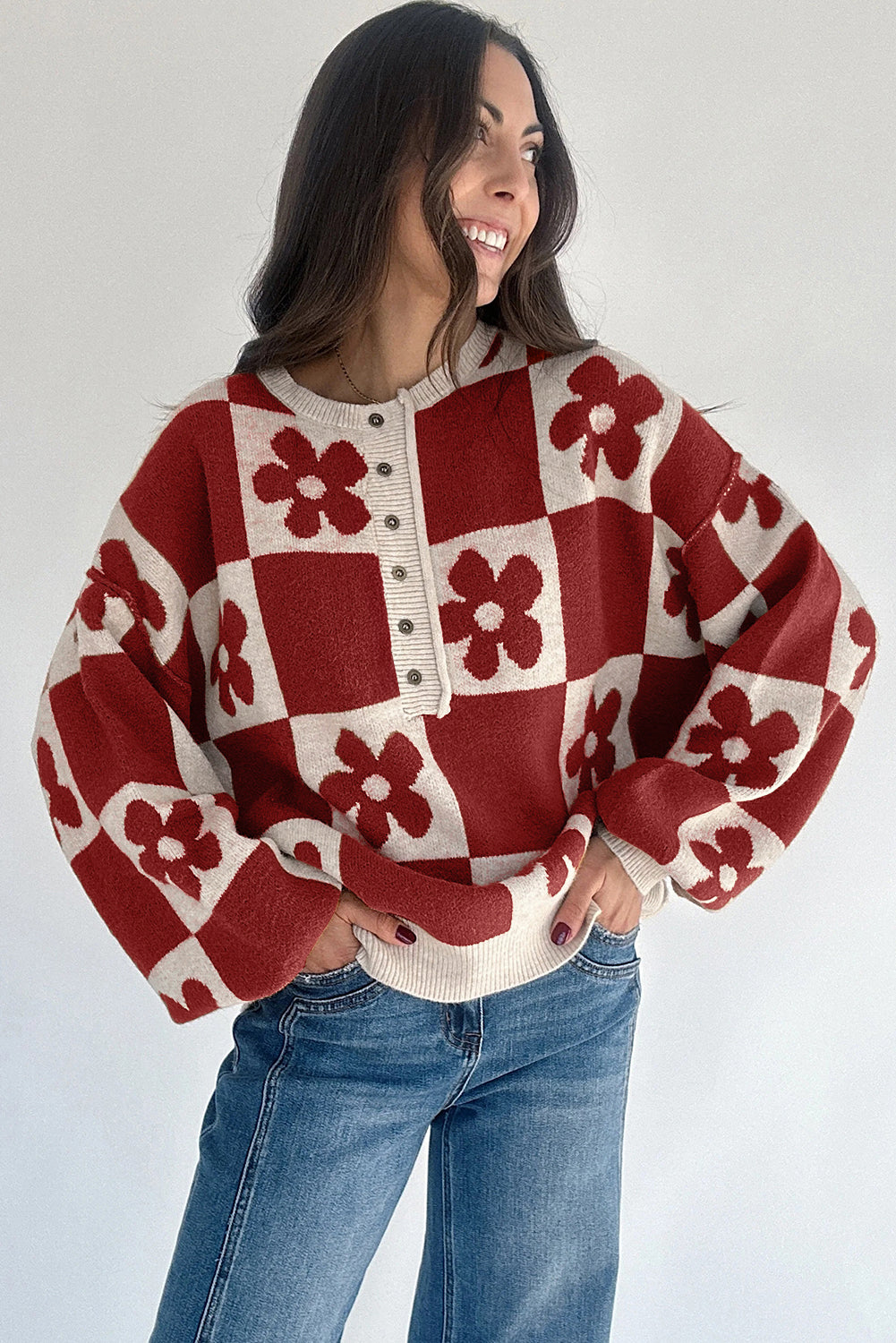 *Red Dahlia Flower Plaid Henley Baggy Sweater