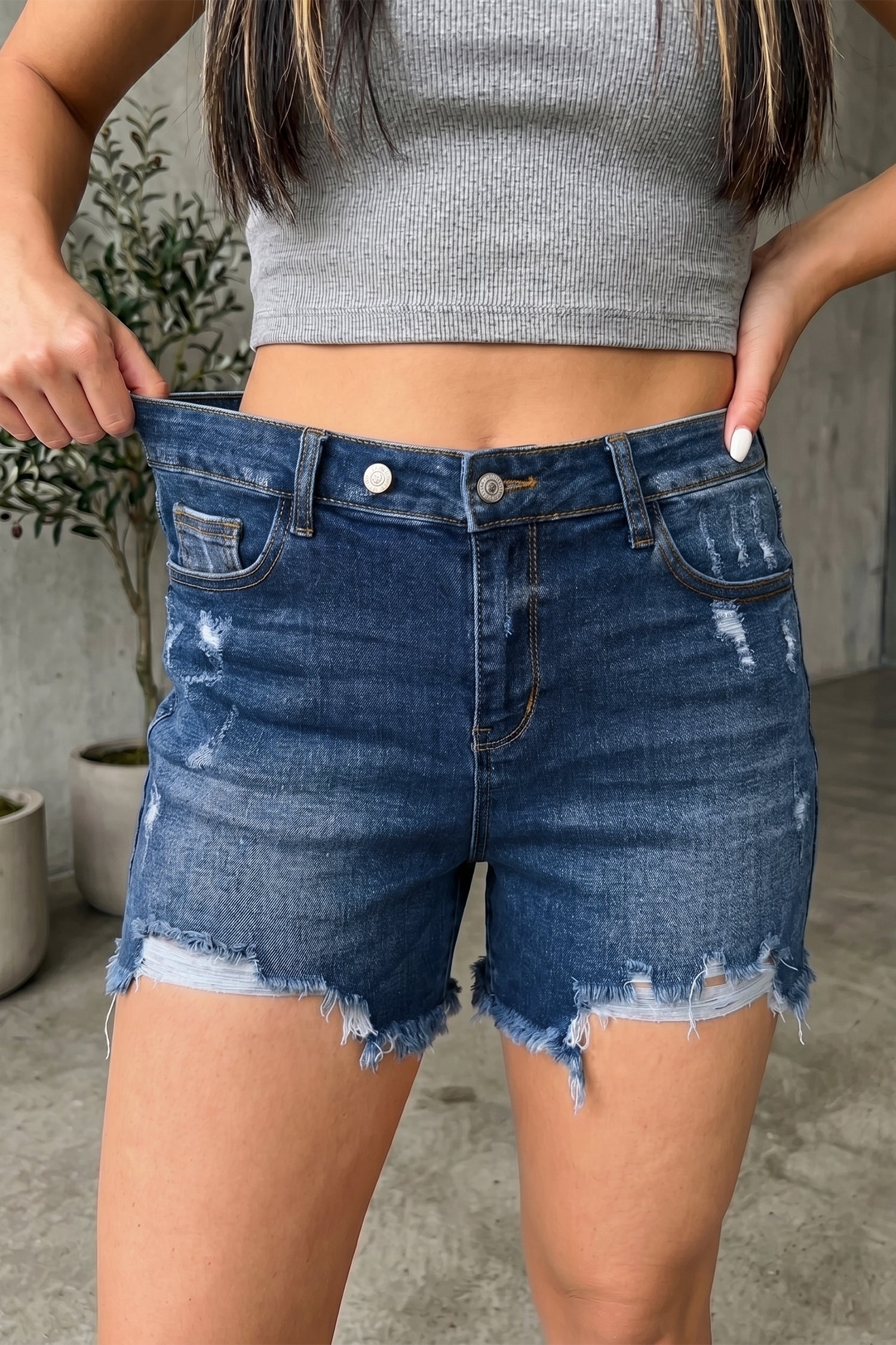 *Beau Blue Asymmetric Raw Hem Distressed Whiskery Denim Shorts