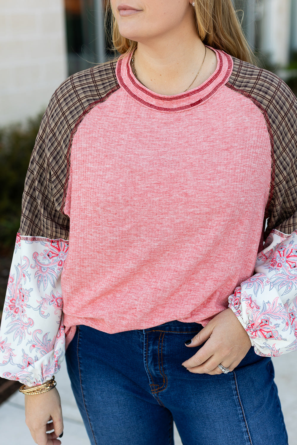 *Pink Checkered Paisley Patchwork Raglan Sleeve Seamed Plus Size Top