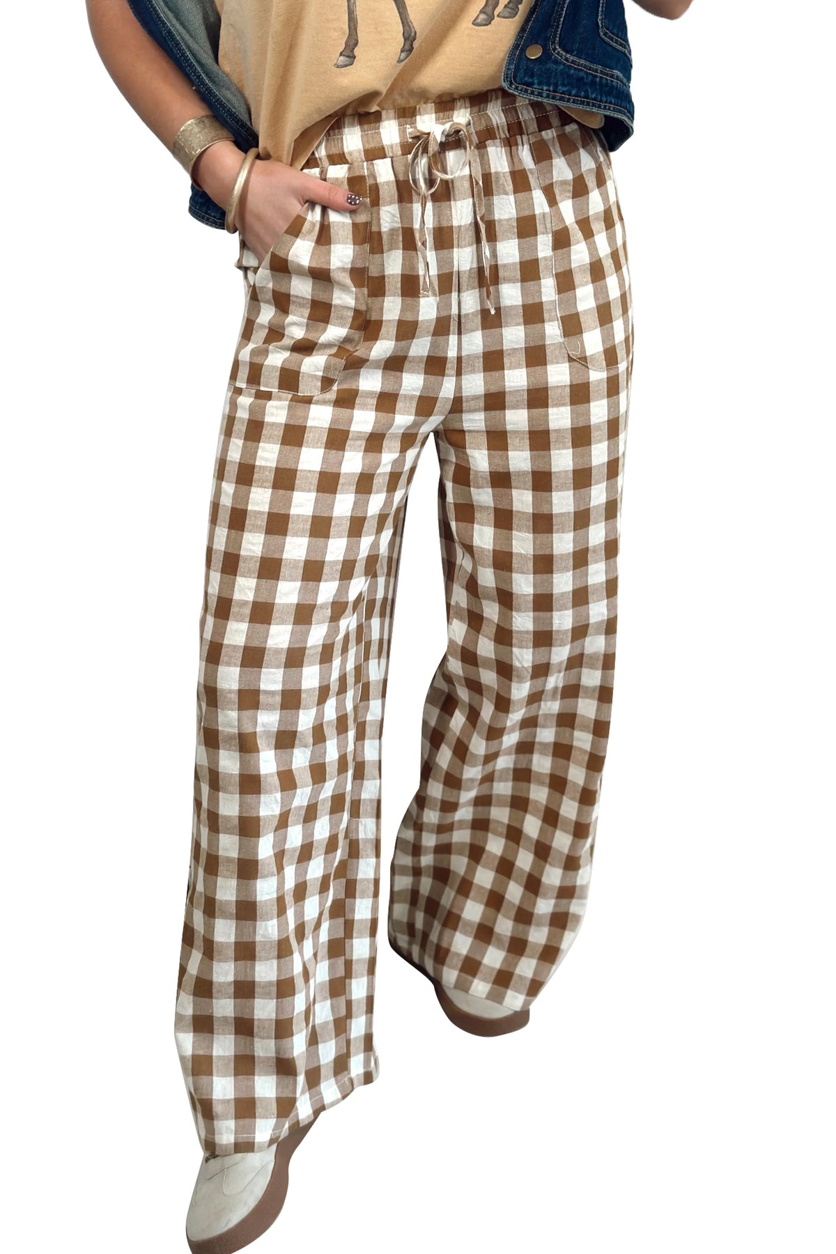 *Brown Gingham Plaid Tie Elastic Waist Shift Pants