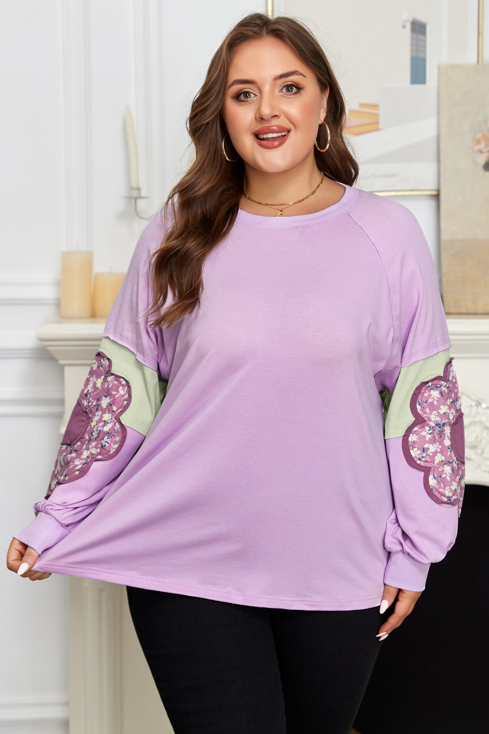 *Phalaenopsis Flower Patch Colorblock Plus Size Pullover Top