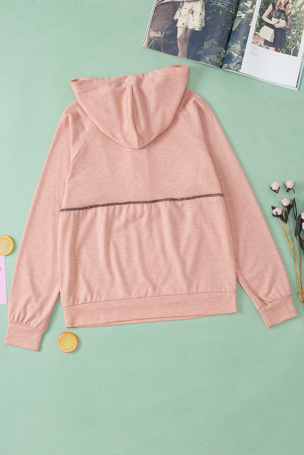 *Pink Buttons Front Princess Line Out Seam Hoodie