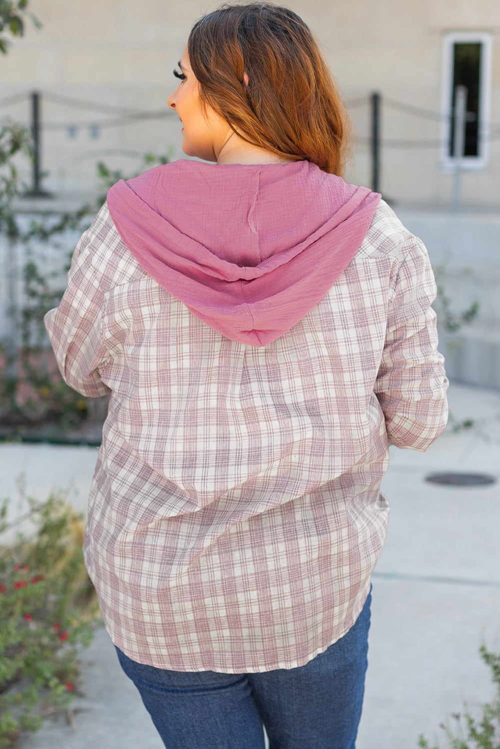 *Bonbon Plaid Print Drawstring Hooded Button-up Plus Size Shirt