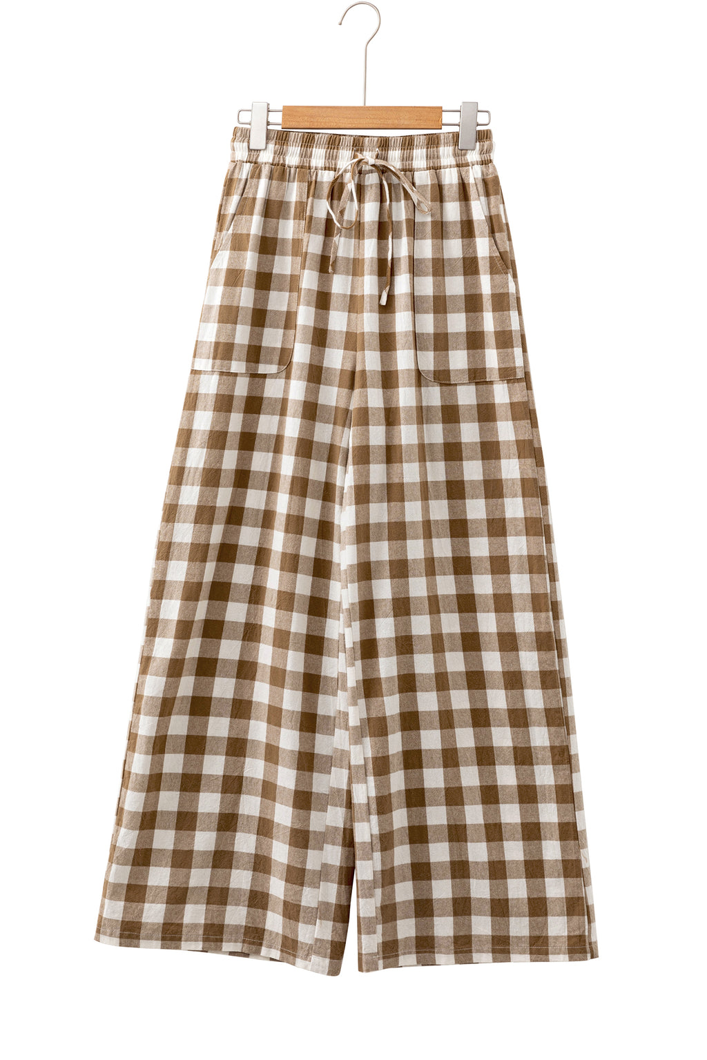 *Brown Gingham Plaid Tie Elastic Waist Shift Pants