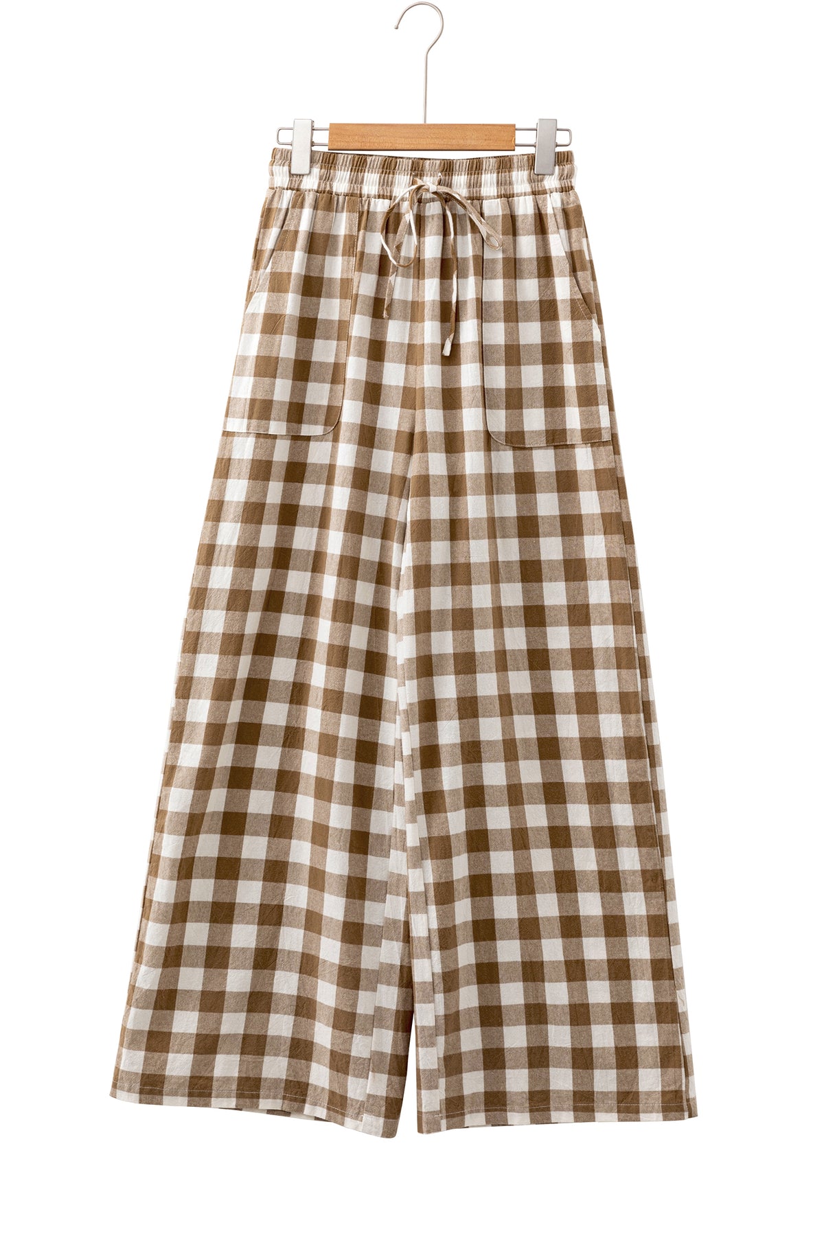 *Brown Gingham Plaid Tie Elastic Waist Shift Pants