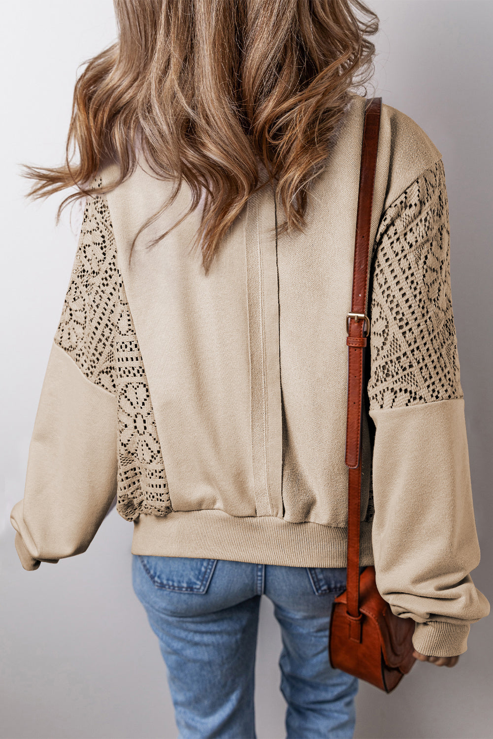 *Parchment Knit Crochet Exposed Seam Ribbed Trim Sweatshirt
