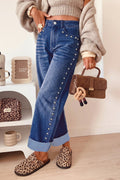 *Navy Blue Studded Detail Straight Leg Casual Loose Jeans