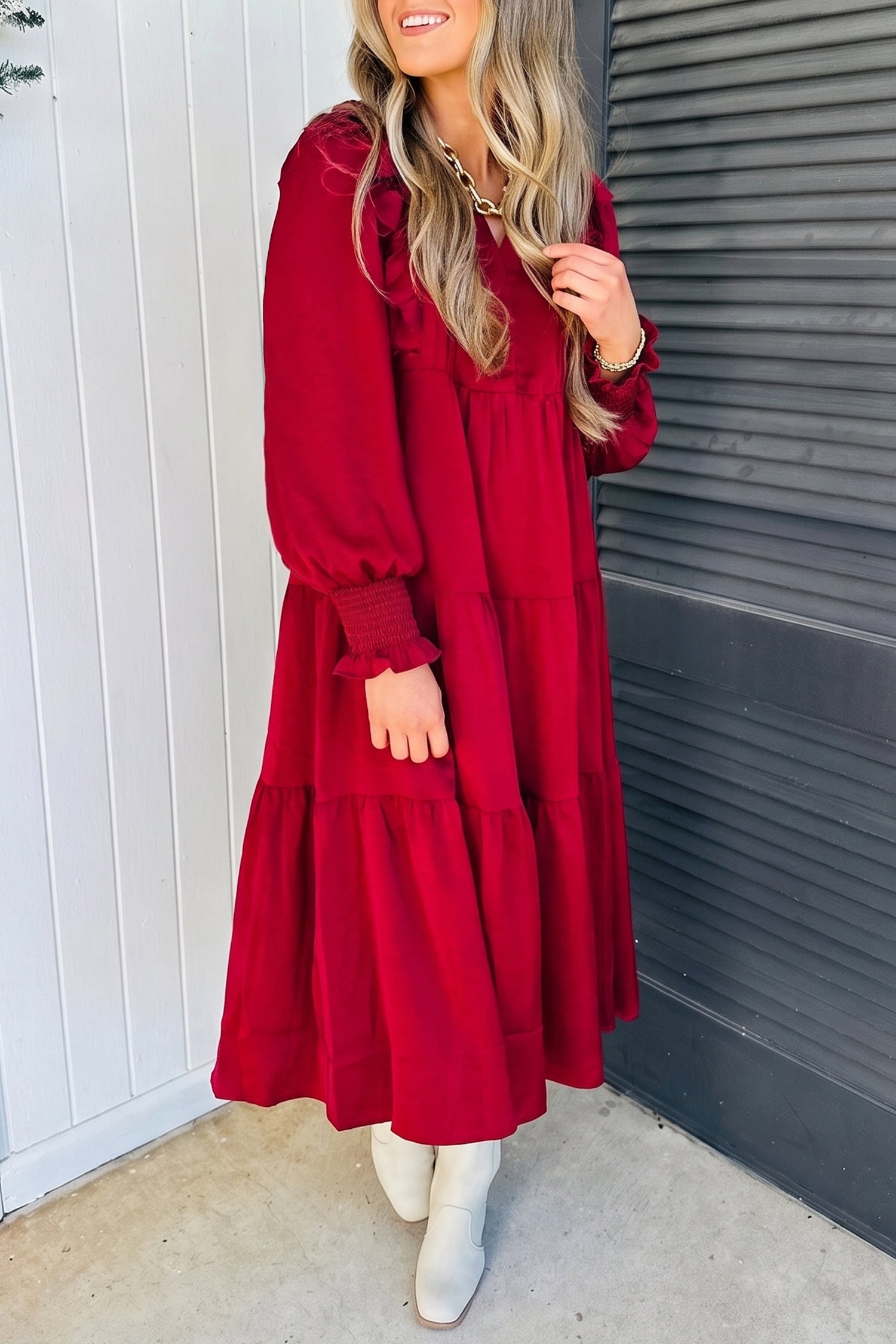 *Racing Red Solid Color Ruffle Trim Long Sleeve Tiered Shift Midi Dress