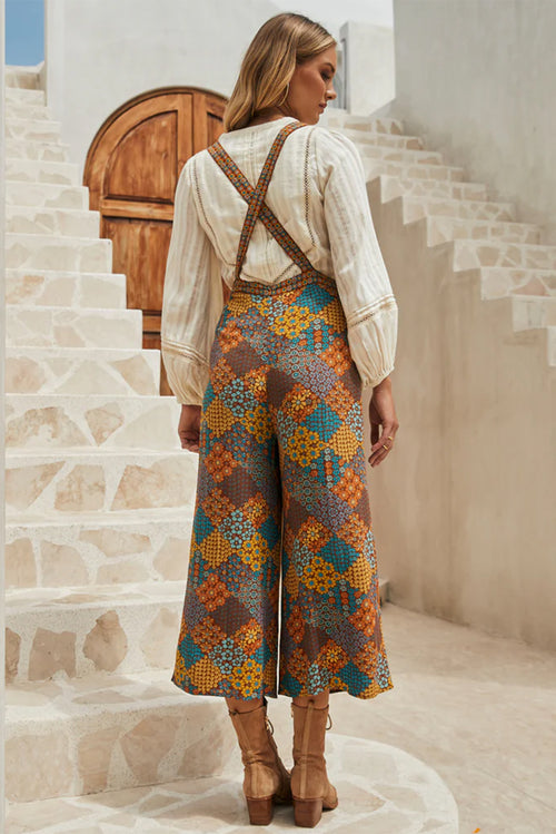 *Multicolour Boho Floral Print Crossed Straps Ankle-length Jumpsuit