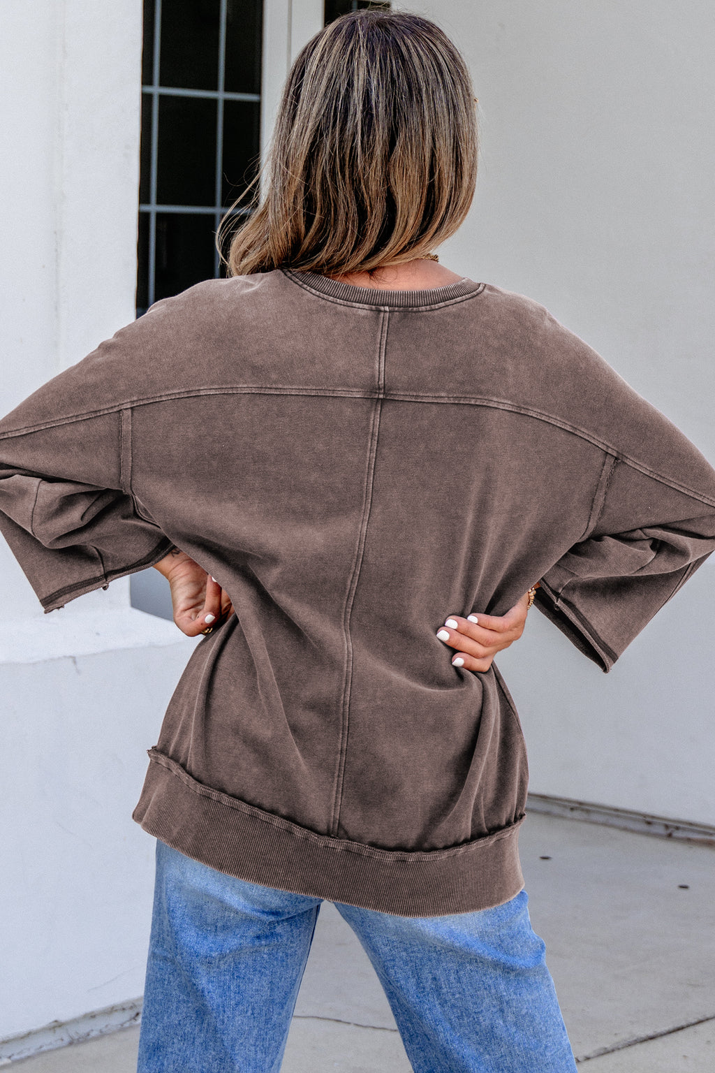 *Dark Brown 3/4 Sleeve Mineral Wash Loose Cotton Top