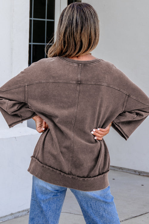 *Dark Brown 3/4 Sleeve Mineral Wash Loose Cotton Top