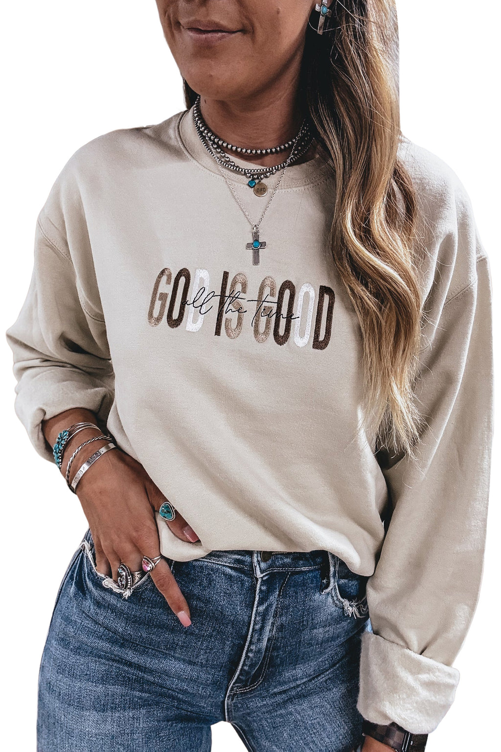 *Jet Stream GOD IS GOOD Western Embroidered Letter Crewneck Pullover Sweatshirt