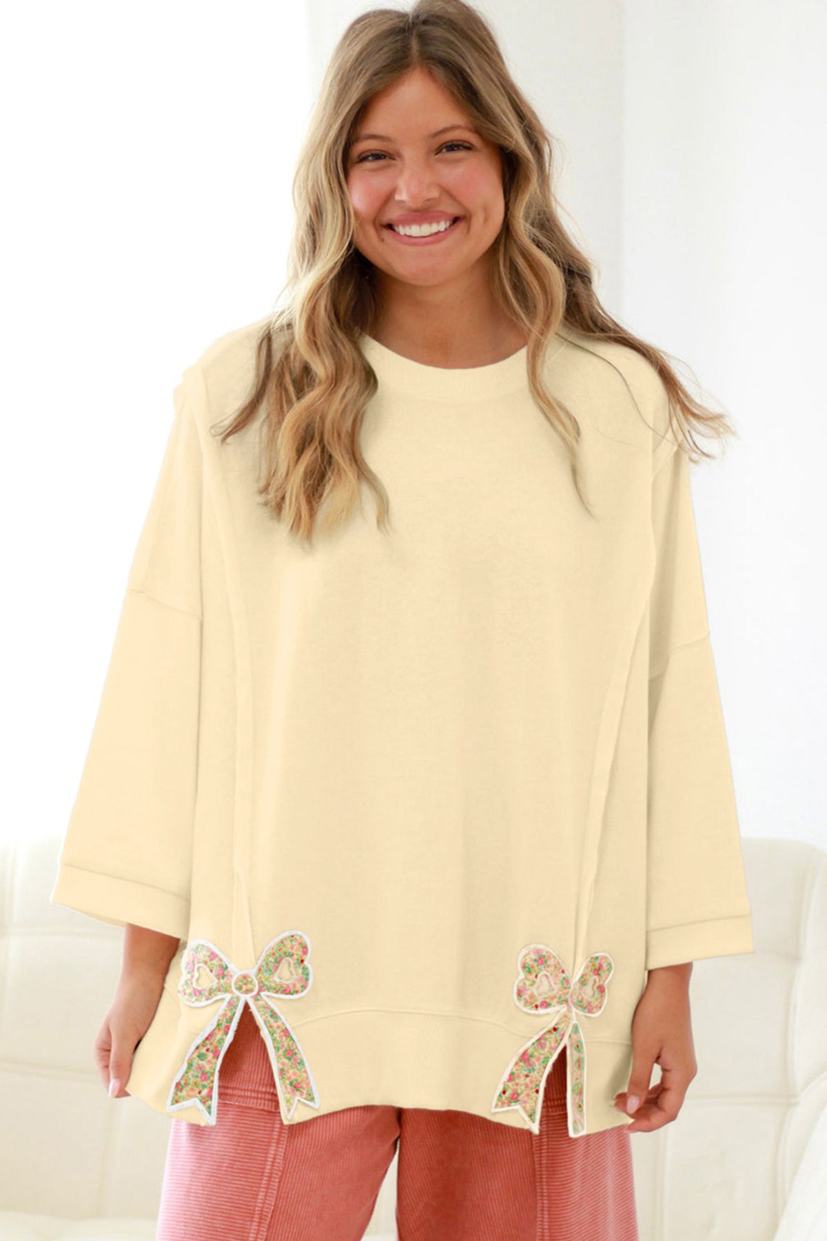*Beige Plus Size Raw Seam Detail Floral Bow Patched Baggy Pullover
