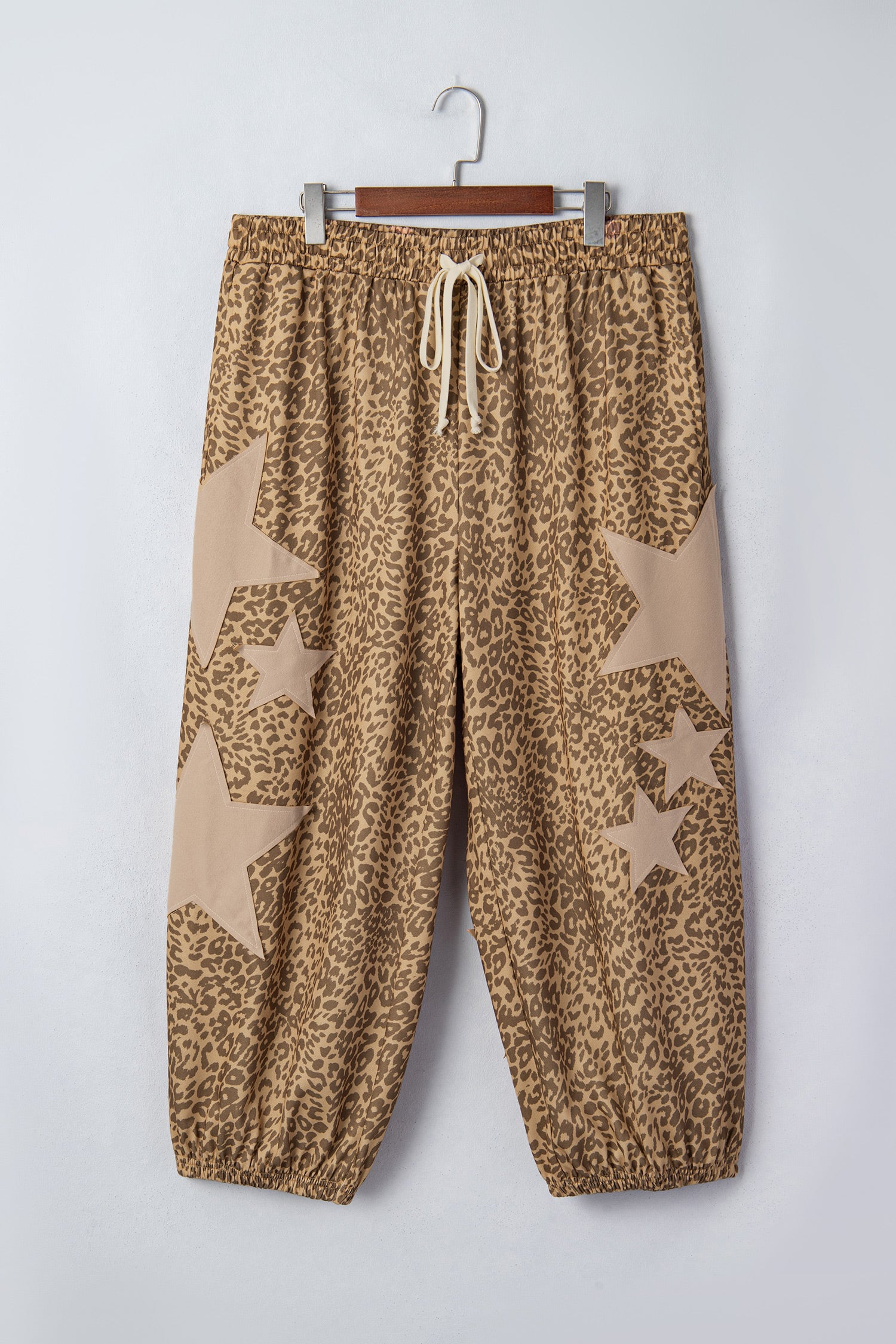 *Khaki Plus Size Leopard Print Western Star Patched Jogger Pants
