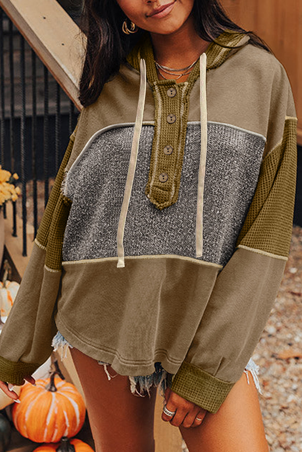 *Jungle Green Mixed Texture Patchwork Exposed Seam Half Button Pullover Hooded Sweatshirt