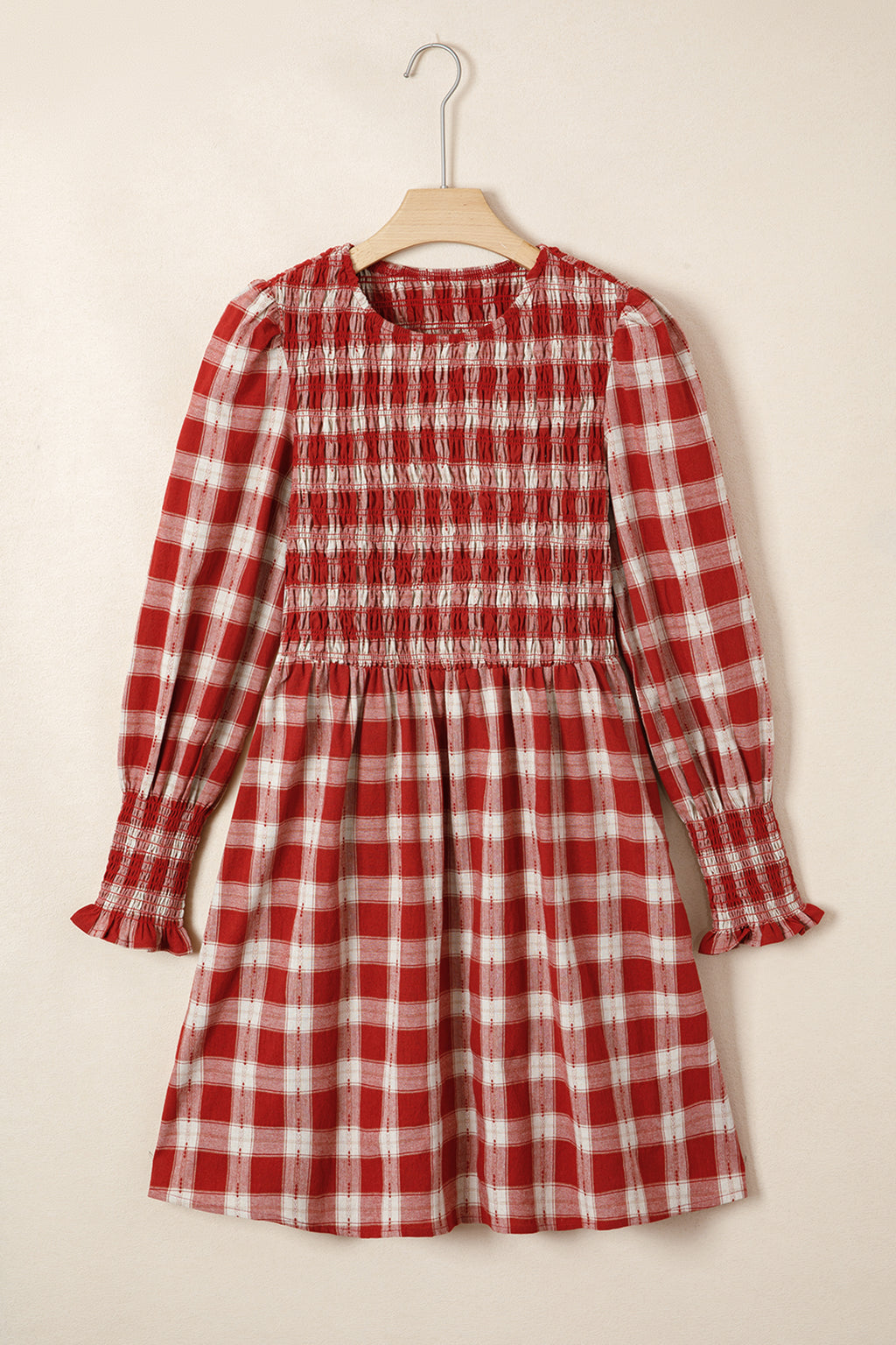 *Red Plaid Print Smocked Puff Sleeve Mini Dress