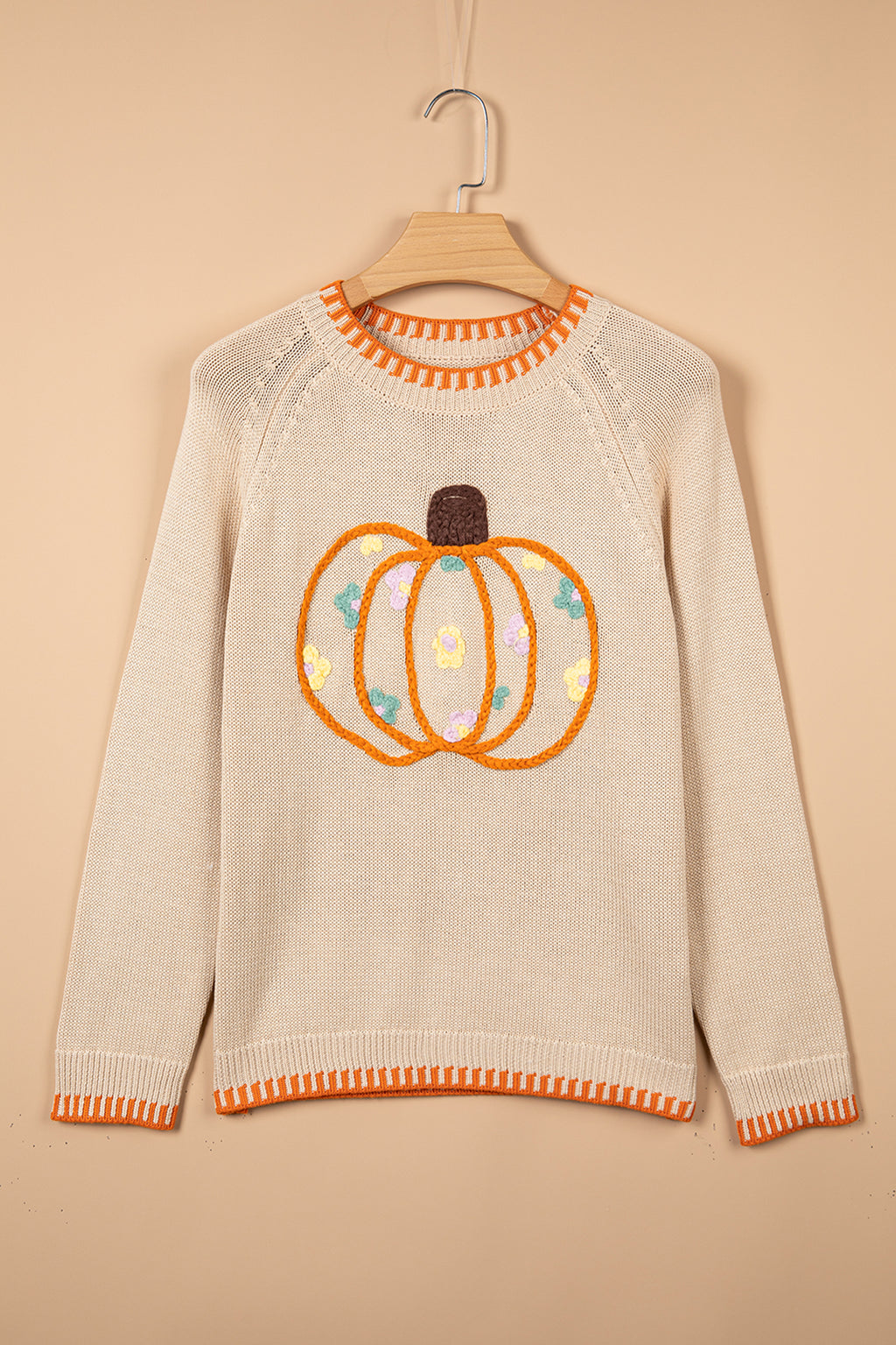 *Parchment Floral Embroidery Pumpkin Long Sleeve Round Neck Sweater