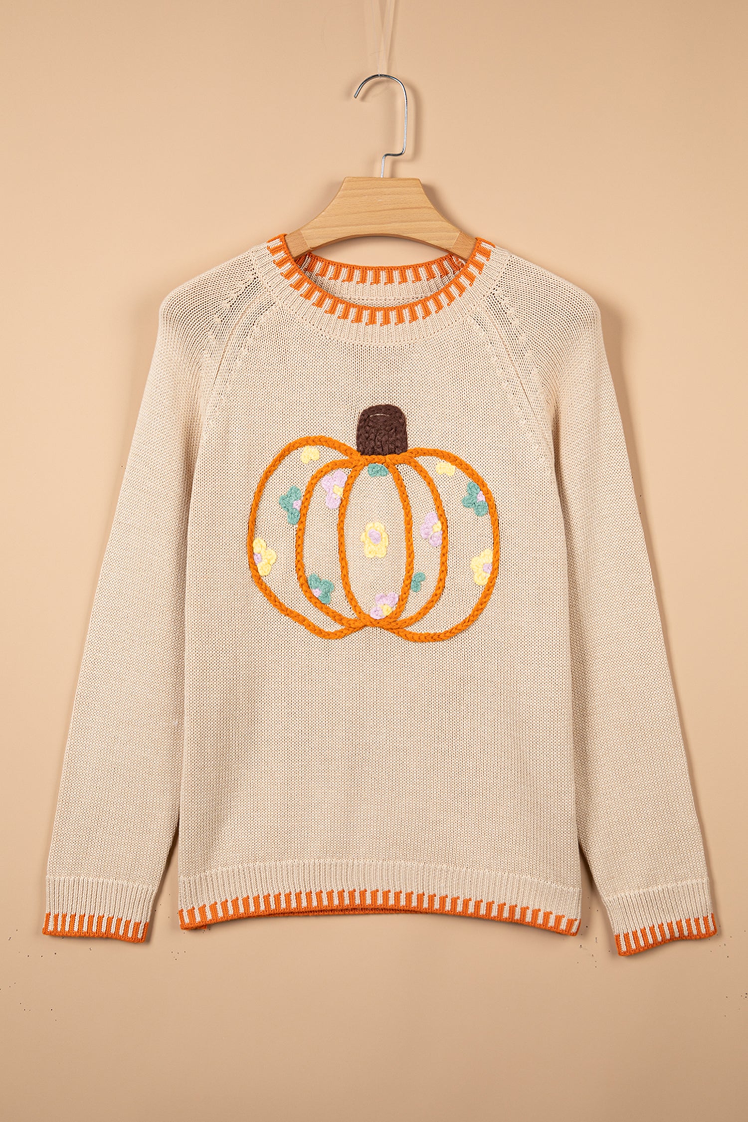 *Parchment Floral Embroidery Pumpkin Long Sleeve Round Neck Sweater