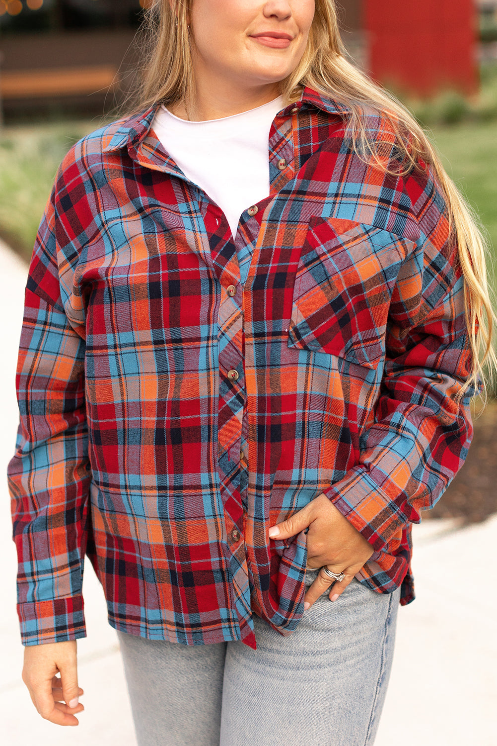 *Red Plus Size Plaid Print Buttoned Shirt